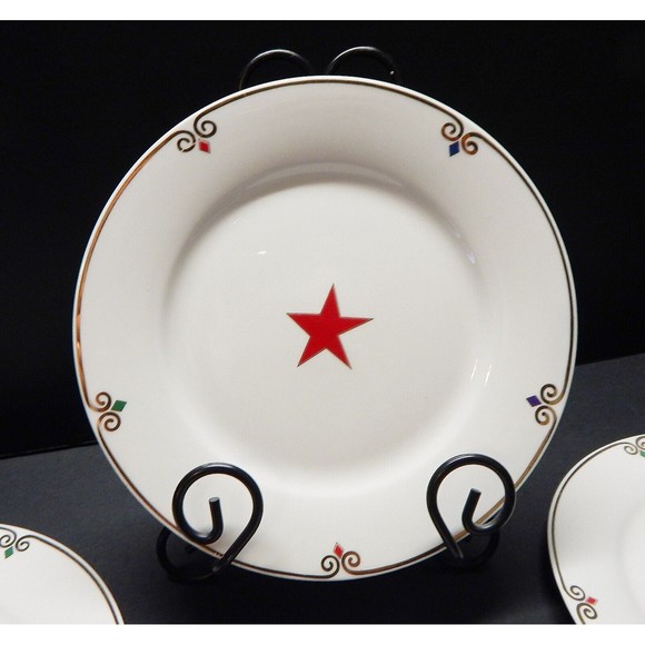Pier 1 Imports Celebration Salad Plate Red Blue Green Purple Stars Set of 4 - Picture 2 of 14